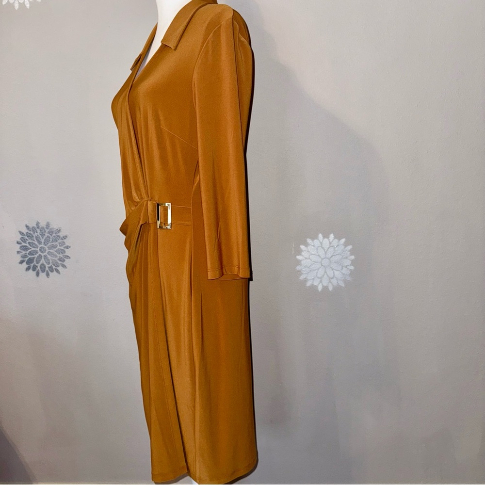 Collared V-Neck Wrap Dress 3/4 Sleeve Mustard Camel Brown Fall/Autumn‎ Ladies - Picture 2 of 16